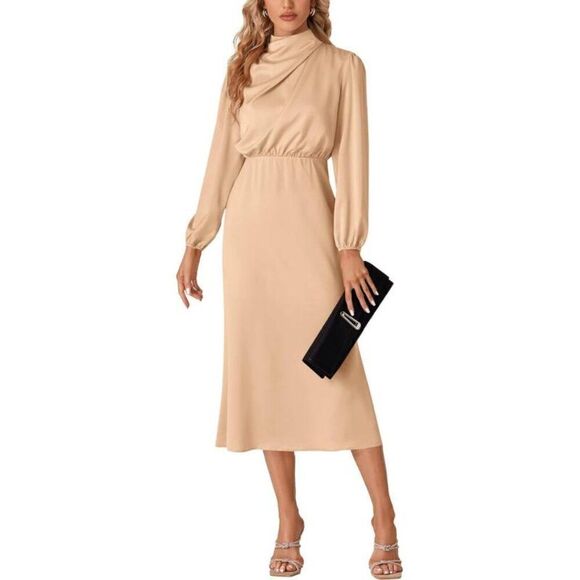 LYANER Women’s Satin Long Sleeve Elastic High Waist Ruched Solid Midi Dress - Picture 1 of 2